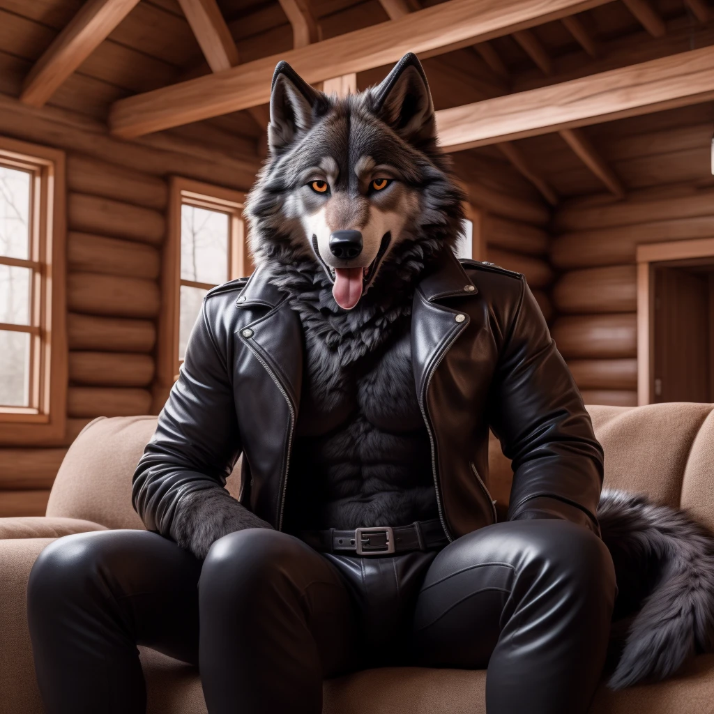 Posing, Male, 30 years old, happy, mouth open with tongue hanging out, black leather jacket, anthro, wolf ears, (black fur:1.5), wolf, log cabin backgroud, 8k, hi res, (best quality, masterpiece), (wolf tail:1.5), detailed fur, sitting on couch