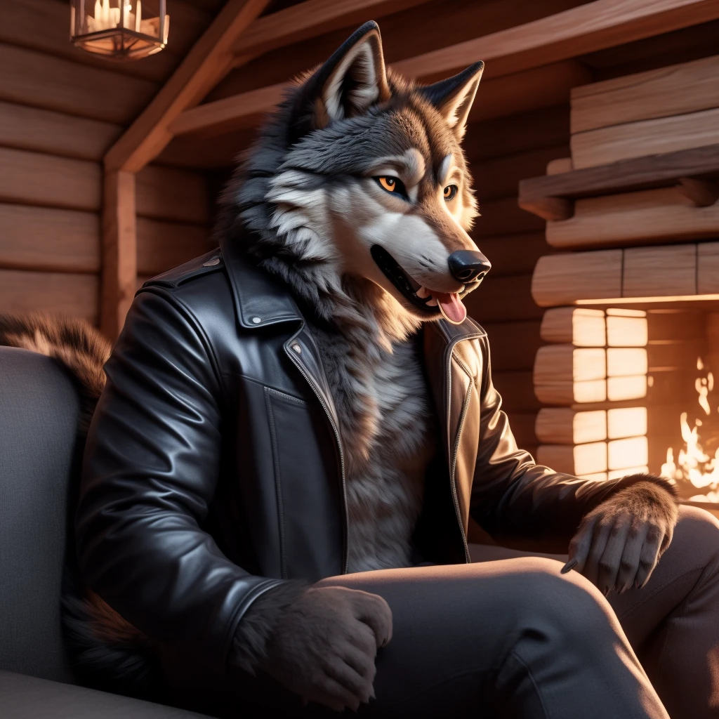 Posing, Male, 30 years old, happy, mouth open with tongue hanging out, black leather jacket, anthro, wolf ears, (black fur:1.5), wolf, log cabin backgroud, 8k, hi res, (best quality, masterpiece), (wolf tail:1.5), detailed fur, sitting on couch