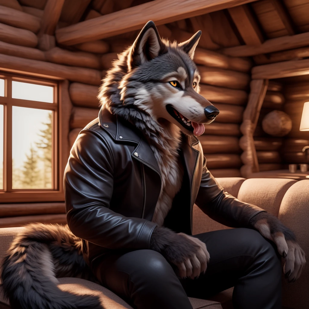 Posing, Male, 30 years old, happy, mouth open with tongue hanging out, black leather jacket, anthro, wolf ears, (black fur:1.5), wolf, log cabin backgroud, 8k, hi res, (best quality, masterpiece), (wolf tail:1.5), detailed fur, sitting on couch