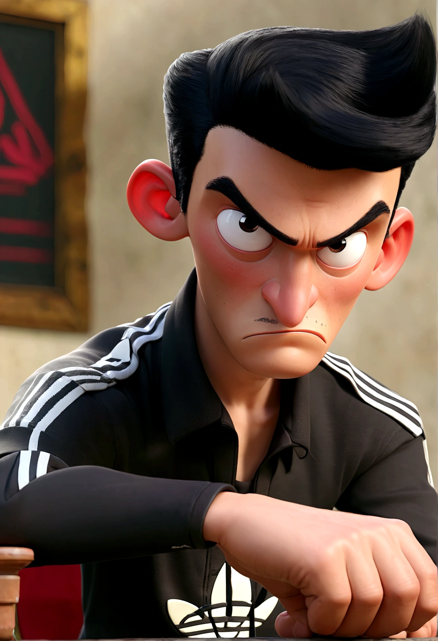 A man sat, facing the man's grandfather, black clothes with the Adidas logo, handsome black hair, a silent face with a sharp red gaze