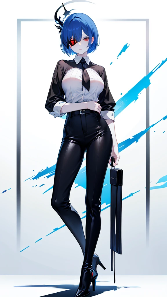 Sky blue short Bob, Red eyes, Black long-sleeved shirt, White pale skin, White eye patch, tall, long leg, Black trousers, Black high-heels, Gigantic Breast