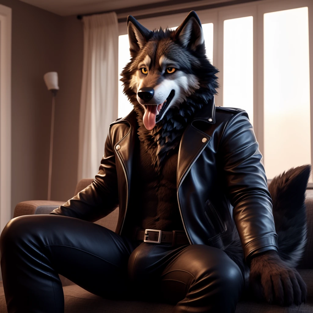 Posing, Male, 30 years old, happy, mouth open with tongue hanging out, black leather jacket, anthro, wolf ears, (black fur:1.5), wolf, log cabit backgroud, 8k, hi res, (best quality, masterpiece), (wolf tail:1.5), detailed fur, sitting on couch