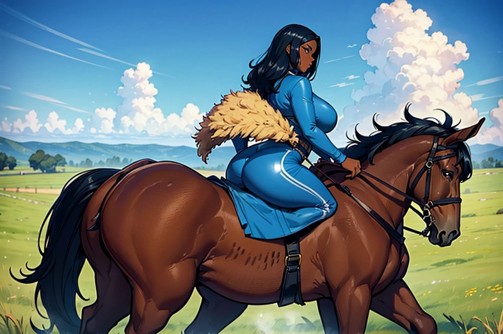 a full side view of a BBW very full figured dark skinned nude African woman riding a big Brabant stallion.