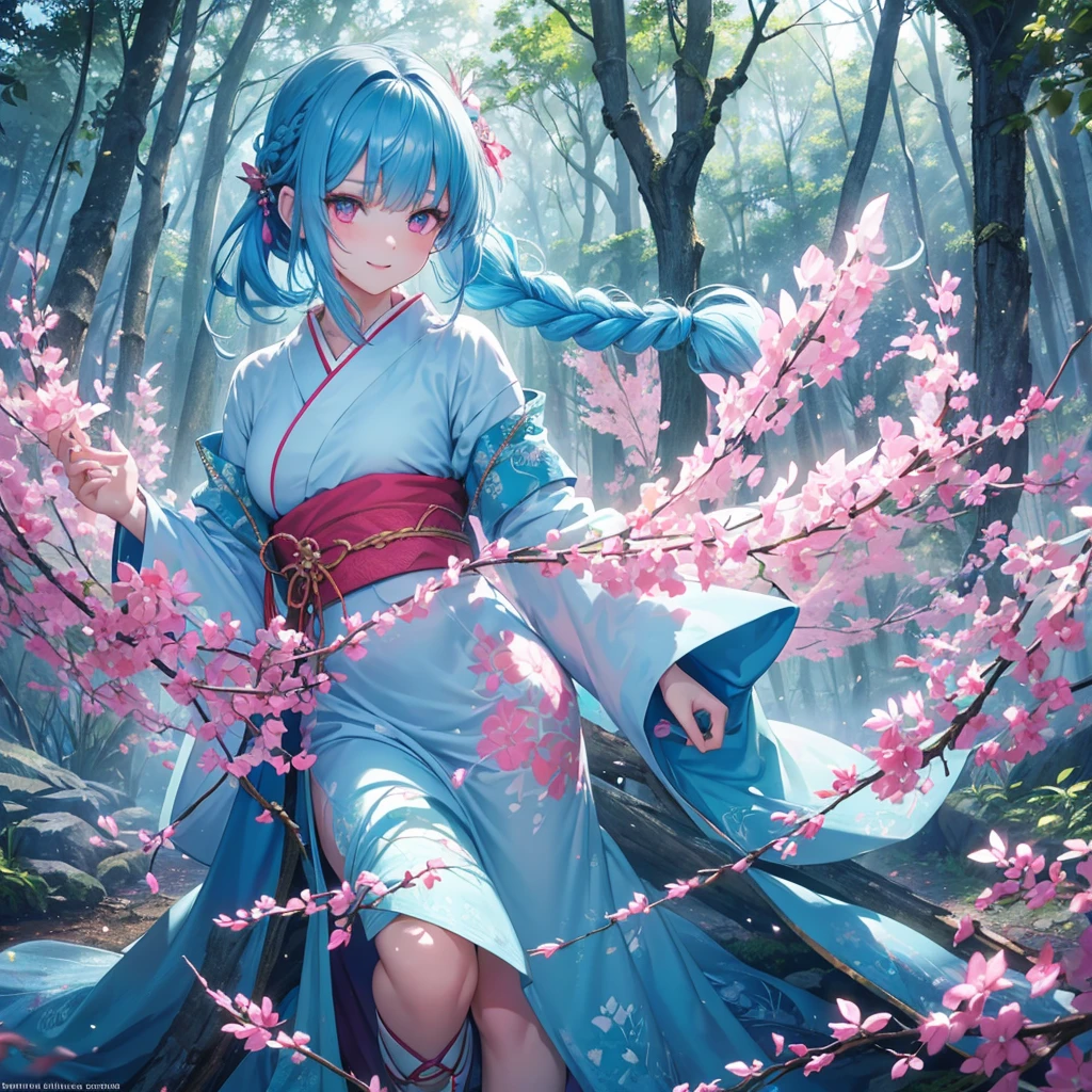 sky Blue hair, (braided ponytail),(pink eyes),fair skin ,(full body),1 girl,smile,white red kimono,Fresh green forest,leaning forward,Forest Goddess,Straight Bangs,(masterpiece, best quality, ultra-detailed, best shadow), (detailed background), (beautiful detailed face), high contrast, (best illumination, an extremely delicate and beautiful), ((cinematic light)), colorful, hyper detail, dramatic light, intricate details,guardian of the forest,Leaf Blizzard,