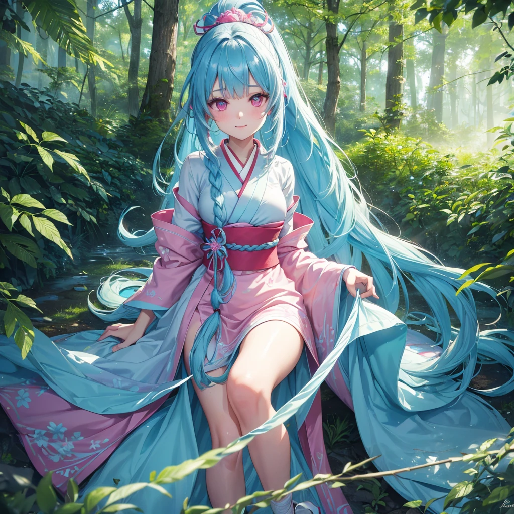 sky Blue hair, (braided ponytail),(pink eyes),fair skin ,(full body),1 girl,smile,white red kimono,Fresh green forest,leaning forward,Forest Goddess,Straight Bangs,(masterpiece, best quality, ultra-detailed, best shadow), (detailed background), (beautiful detailed face), high contrast, (best illumination, an extremely delicate and beautiful), ((cinematic light)), colorful, hyper detail, dramatic light, intricate details,guardian of the forest,Leaf Blizzard,