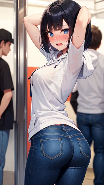  1 face, standing, (girl in skinny tight navy jeans), (long jeans), (navy jeans), ((jeans ass)), slim, slender, , (short bob cut), ((black hair)), bangs, nose blush, full opened eyes, round mouth, drool, orgasm, (white hoodie), (((embarrassed))), hard sweat, big ass, ahegao, detailed face, blue eyes, subway interior, crowded, man hands on her ass, (arms up), pov, japanese, detailed ass, detailed jeans, ((grab ass)), detailed cloth, high quality, small breast