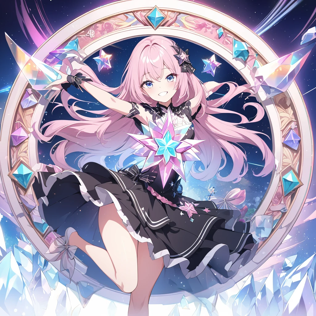 absurdres, superfine illustration,rainboweffect, highres, ultra detailed,light diffusion,highly detailed light reflection, kaleidoscope, harmonious, best shadow, highly detailed very beautiful big smile face, ;D, beautiful growing crystal diamond star pupil,look at viewer, beautiful detailed hair, solo, dynamic pose, beautiful detailed pink and black ribon, beautiful detailed High , Fantastic and the whole shines and shooting star and the wind is strong in detail background