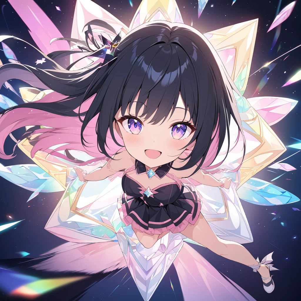 absurdres, superfine illustration,rainboweffect, highres, ultra detailed,light diffusion,highly detailed light reflection, kaleidoscope, harmonious, best shadow, highly detailed very beautiful big smile face, ;D, beautiful growing crystal diamond star pupil,look at viewer, beautiful detailed hair, solo, dynamic pose, beautiful detailed pink and black ribon, beautiful detailed High , Fantastic and the whole shines and shooting star and the wind is strong in detail background
