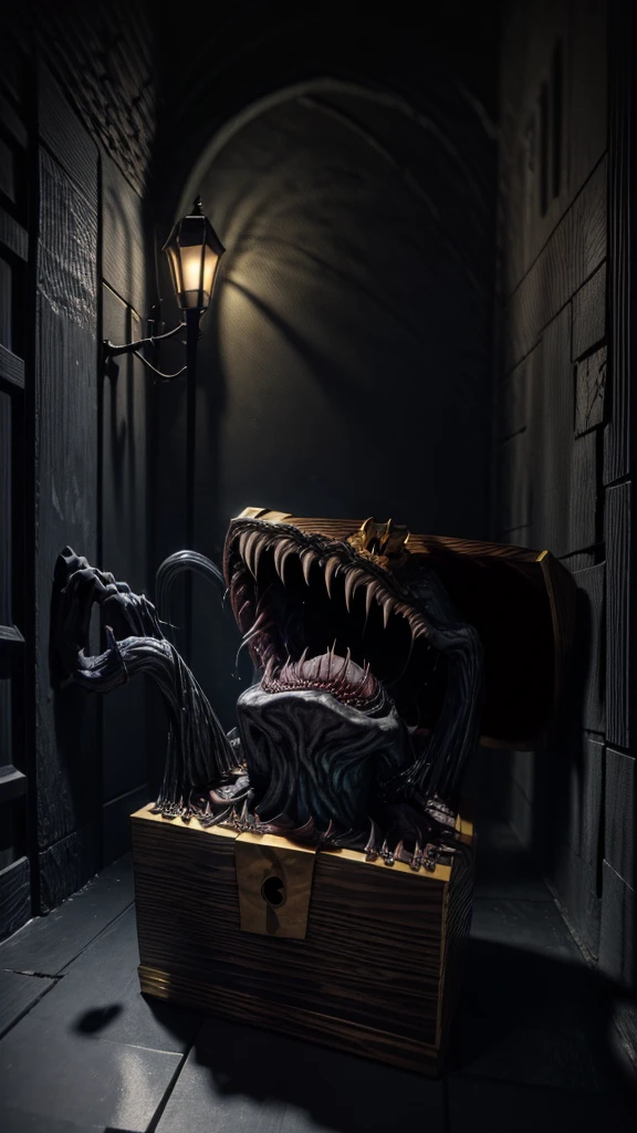 Create a highly detailed and terrifying image of a Mimic chest monster. The Mimic should resemble a traditional treasure chest at first glance, with ornate woodwork and metal reinforcements. However, the chest should be partially open, revealing sharp, menacing teeth lining the inside of the lid. The lid should be split into a monstrous mouth, with a long, slimy tongue lashing out. The eyes of the Mimic should be glowing ominously, either embedded in the wood or appearing on the lid, giving it a menacing, predatory look.
The setting should be a dimly lit dungeon with cobblestone floors and walls. Scatter gold coins, jewels, and other treasures around the Mimic to emphasize the trap. Add eerie lighting and shadows to enhance the creepy and dangerous atmosphere. Ensure there are no humans or human-like figures in the image. The overall scene should evoke a sense of dread and caution, capturing the essence of a Mimic ready to strike at unsuspecting adventurers.Nothing in the chest monster