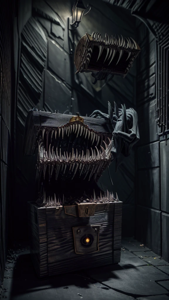 Create a highly detailed and terrifying image of a Mimic chest monster. The Mimic should resemble a traditional treasure chest at first glance, with ornate woodwork and metal reinforcements. However, the chest should be partially open, revealing sharp, menacing teeth lining the inside of the lid. The lid should be split into a monstrous mouth, with a long, slimy tongue lashing out. The eyes of the Mimic should be glowing ominously, either embedded in the wood or appearing on the lid, giving it a menacing, predatory look.

The setting should be a dimly lit dungeon with cobblestone floors and walls. Scatter gold coins, jewels, and other treasures around the Mimic to emphasize the trap. Add eerie lighting and shadows to enhance the creepy and dangerous atmosphere. Ensure there are no humans or human-like figures in the image. The overall scene should evoke a sense of dread and caution, capturing the essence of a Mimic ready to strike at unsuspecting adventurers.Nothing in the chest monster