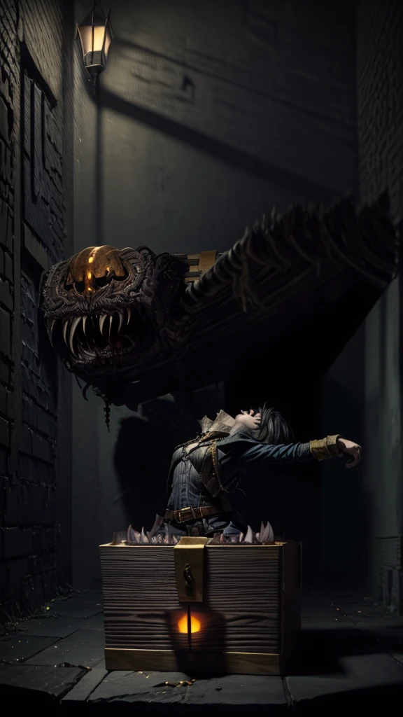 Create a highly detailed and terrifying image of a Mimic chest monster. The Mimic should resemble a traditional treasure chest at first glance, with ornate woodwork and metal reinforcements. However, the chest should be partially open, revealing sharp, menacing teeth lining the inside of the lid. The lid should be split into a monstrous mouth, with a long, slimy tongue lashing out. The eyes of the Mimic should be glowing ominously, either embedded in the wood or appearing on the lid, giving it a menacing, predatory look.
The setting should be a dimly lit dungeon with cobblestone floors and walls. Scatter gold coins, jewels, and other treasures around the Mimic to emphasize the trap. Add eerie lighting and shadows to enhance the creepy and dangerous atmosphere. Ensure there are no humans or human-like figures in the image. The overall scene should evoke a sense of dread and caution, capturing the essence of a Mimic ready to strike at unsuspecting adventurers.Nothing in the chest monster