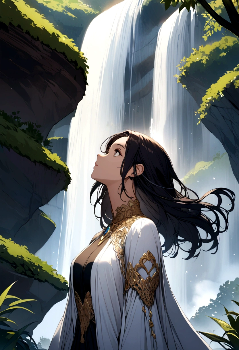 Dark-haired woman looking up at a waterfall outdoors