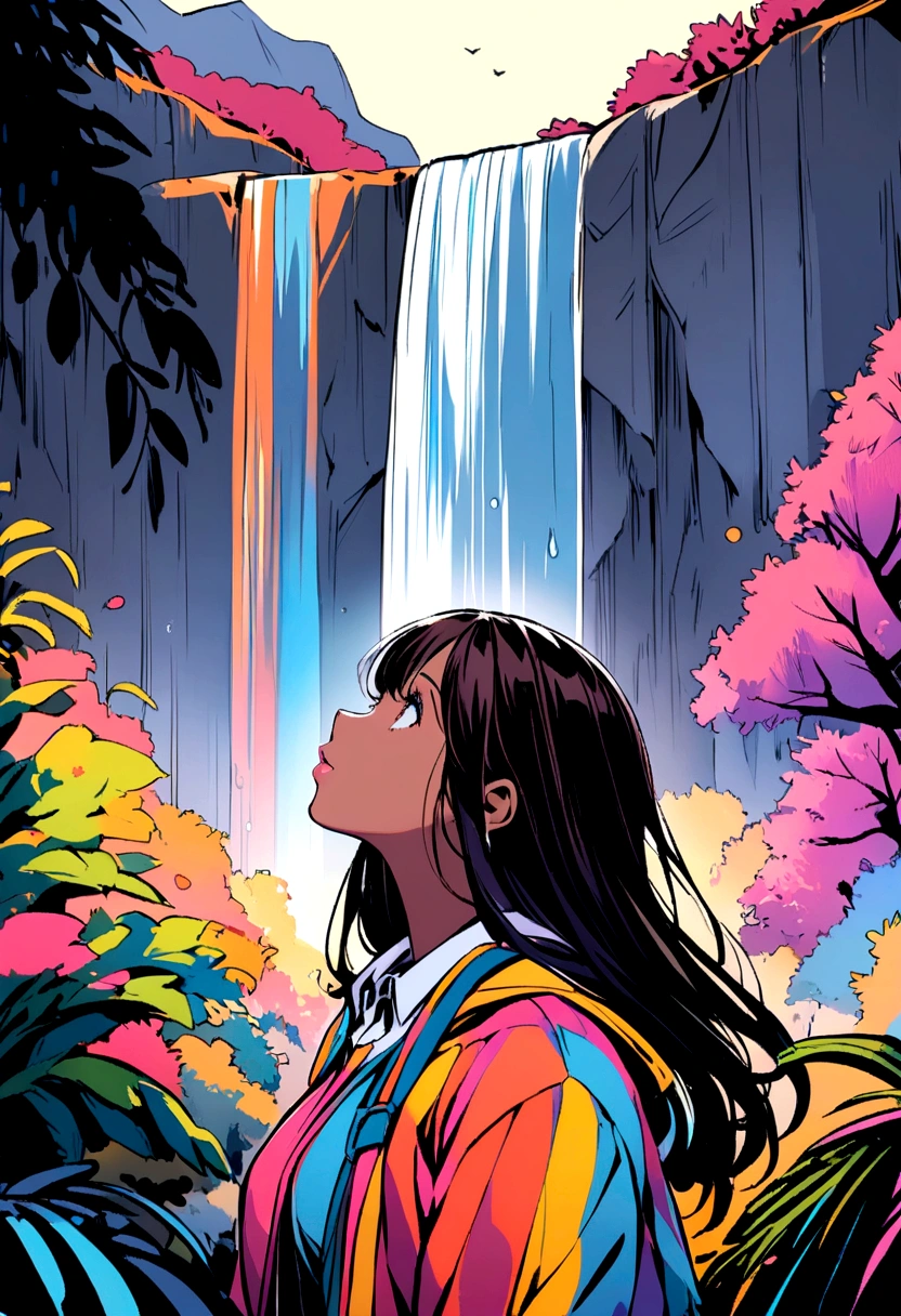 Dark-haired woman looking up at a waterfall outdoors