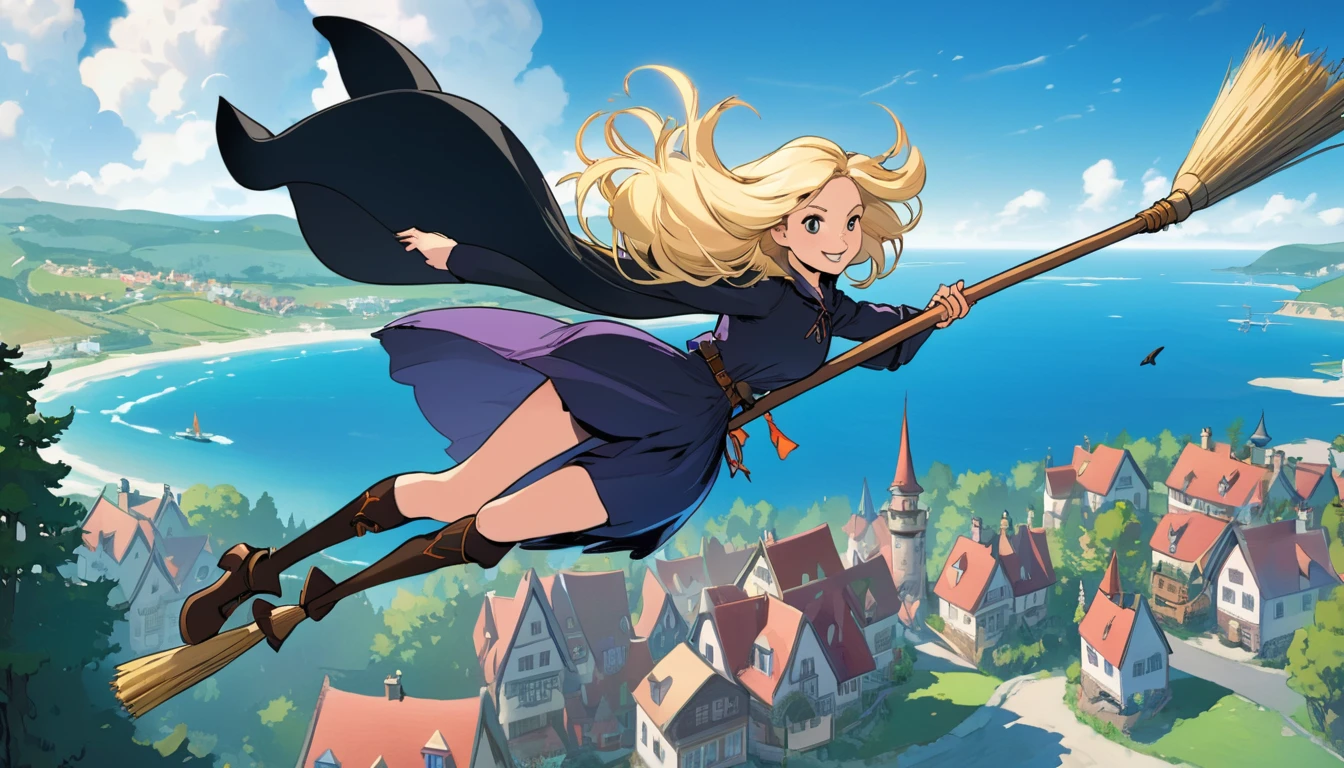 Woman flying in the air astride a broom,witch,Blonde,Below you can see houses, forests, and the sea.