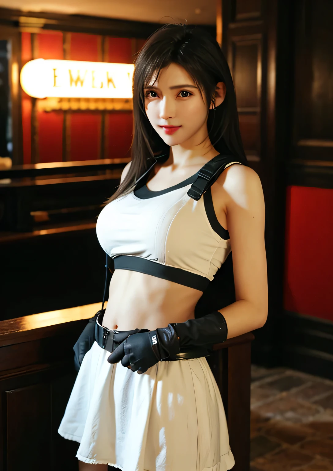 (,Make your face bright red,20-year-old,Long, narrow eyes)(Realistically: 1.4), solo, Highest quality, Very elegant and beautiful, Kilo, One girl, Tifa_Lockhart, smile, Cowboy Lens, Harness, Low waist, (Maid clothes,Black long stockings), Brunette color hair, Make your face bright red,Sweat,Long white hair, Wear gloves on your elbows, Beautiful and detailed red eyes, Face Light, Cinema Lighting, belly button, (: 1.0), Old Bar, The background is blurred, Fluttering Hair, Adult Beauty