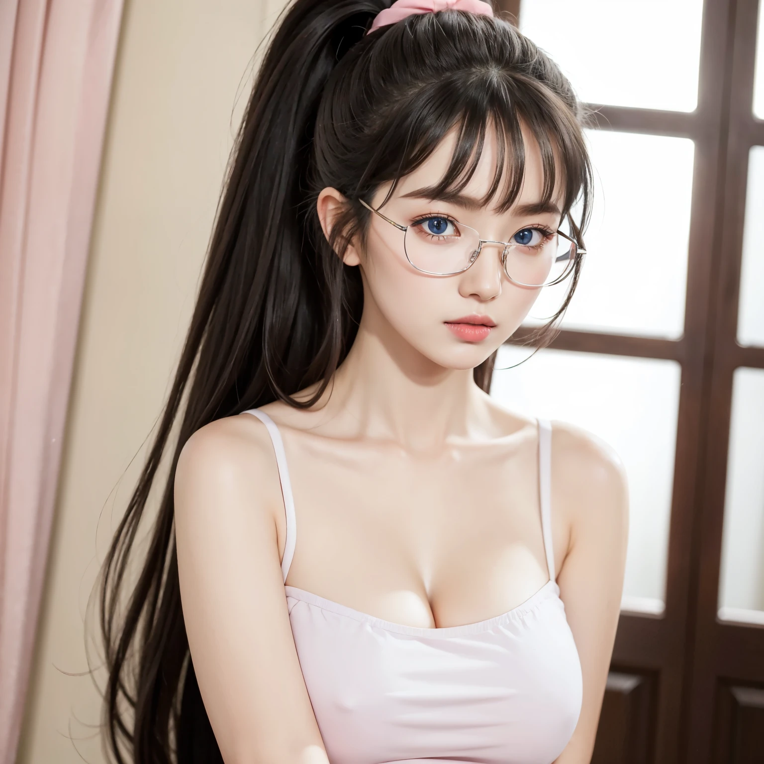 Best quality, masterpiece, detailed, RAW, 4k, hd images, 1 girl, white skin, long hair, ponytail, layers hair, bangs, black hair, beautiful girl, cute girl, sweet girl, pretty girl,perfect girl, pretty eyes, blue eyes, thin lips, pink lips, thin, perfect , glasses, , tshirt, upper body, formal pose