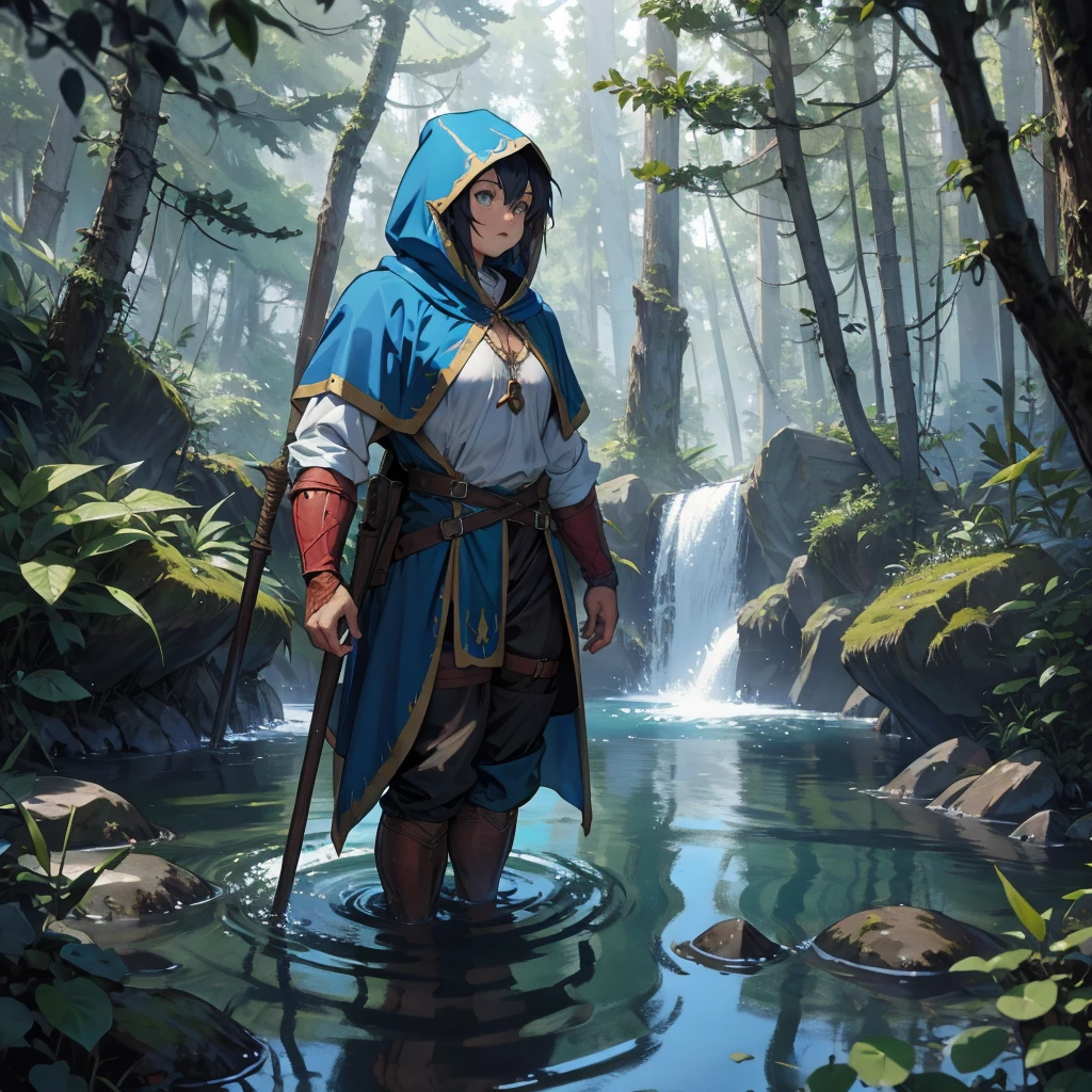 water dwarf in the forest with medieval adventurer outfit hood