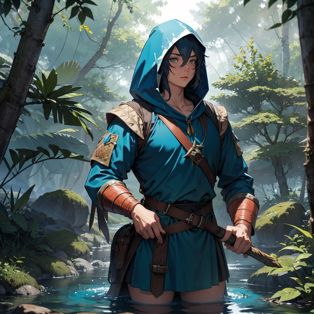 water dwarf in the forest with medieval adventurer outfit hood