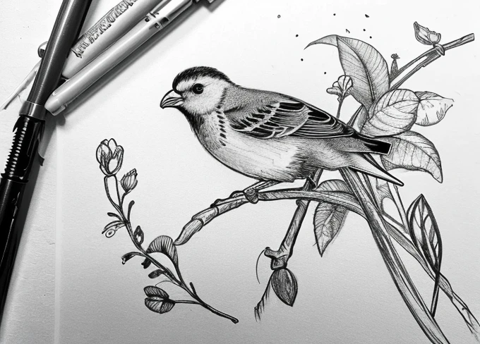 Sketch of a black and white tattoo, flowers and bird, Tattoo style, Realistic flowers, realistic bird, lots of details, A high resolution, just a sketch