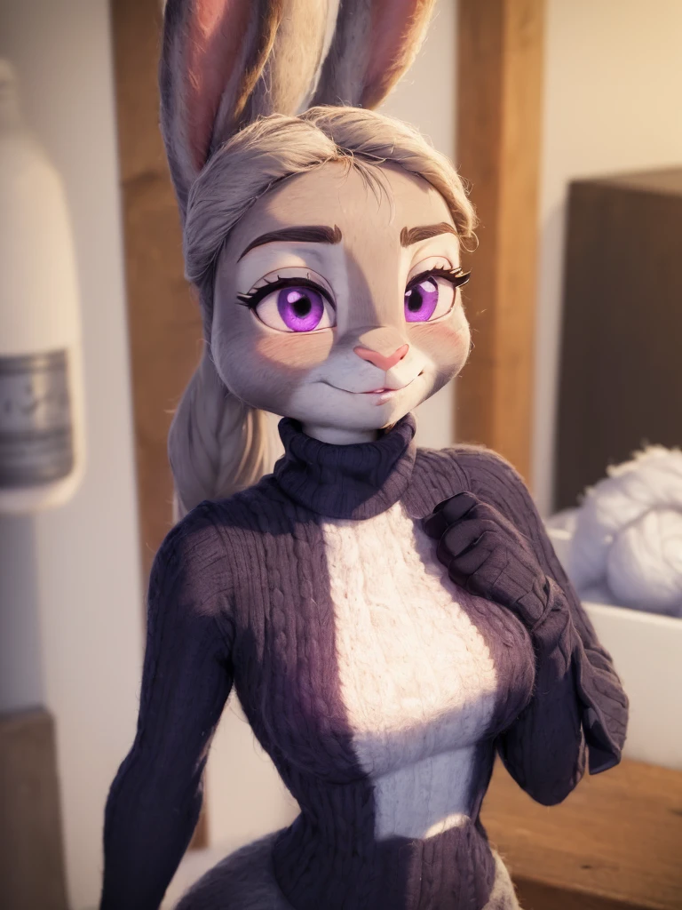 best quality,
masterpiece,
3D anime,
(((solo))),
(((1girl))),
(((Face is JudyHopps))),
(long ears like a rabbit:0.8),
Heir is in a ((ponytail)) style,
see-through bangs,
wispy bangs,
((Her eyes color is purple)),
6.5 head and body,
((White turtleneck sweater outfit)),
skirt,
(outfit is made of wool:1.4),
(((body is made of wool fabric))),
(((body is gray with fluffy and fluffy))),
(((skin is wool fabric with fluffy and fluffy))),
((She is blushing in the cheeks)),