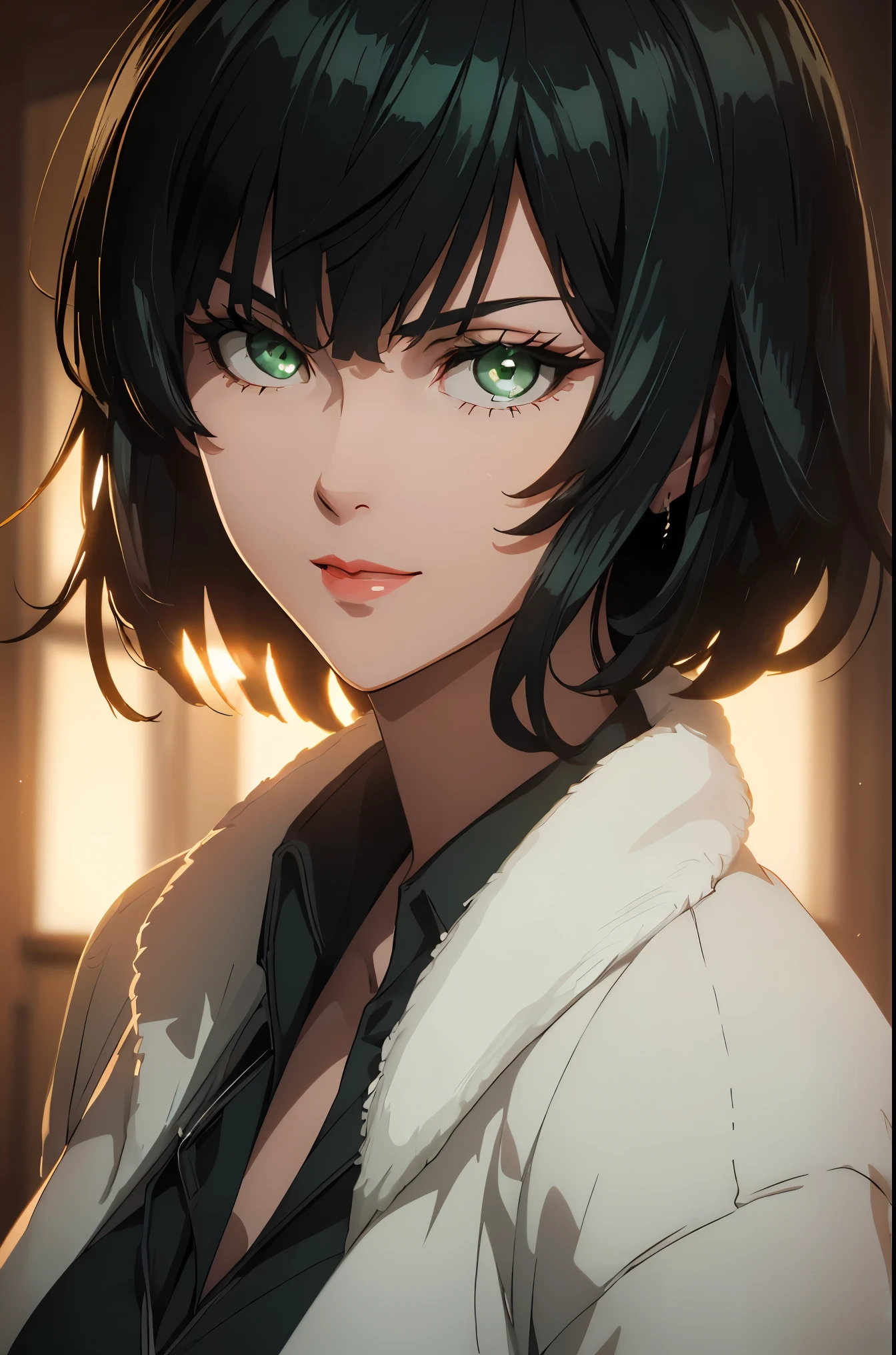 green eyes, (green color hair:1.2),By bang,short hair, flawless skin,dainty smile,vibrant red lips,delicate features, best quality, master piece, best lighting, colorful anime style, vibrant colors, soft and warm lighting,subtle shadows and highlights, high-resolution artwork, vivid colors,professional portrait style, fine brushstrokes, sharp focus, realistic rendering, masterful composition, ethereal ambiance, gentle warm tones, studio lighting effects