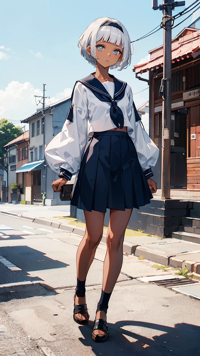 One Woman、 (((dark skin))), Beautiful silver hair、((((Very short hair))))、French braids、skyblue eyes、Beautiful Eyes、(hair band)、(((Blunt bangs))), ((Medium Chest)), 24-years-old、Tight waist, noon、Spring schoolyard、Sailor suit、Shoulders exposed、No sleeve、belly button、mini skirt、full body shot