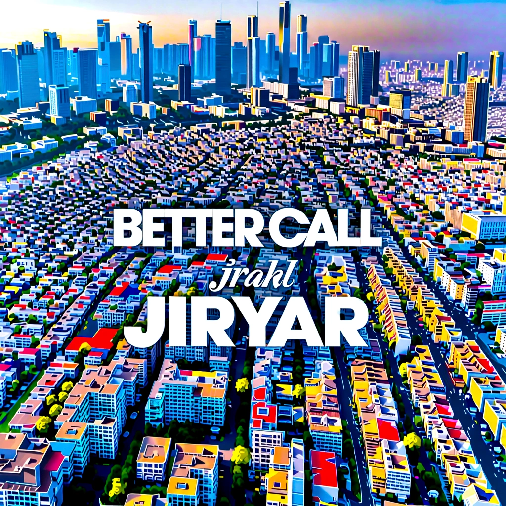 a modern movie poster with the beautiful title Better Call Jiriyar featuring aerial view of a city in and sky, best quality, masterpiece, professional photograph