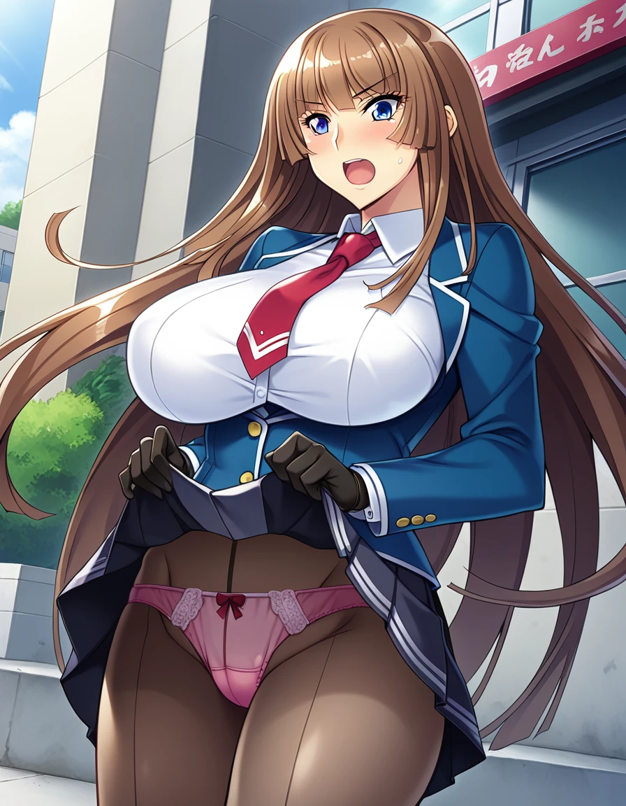 score_9, score_8_up, score_7_up, score_6_up, source_anime, game cg, aoi_nagisa_\(metalder\), BREAK solo, 1girl, koukawa asuka, brown hair, long hair, blue eyes, large eyes, bangs, side bangs, (huge breasts:0.8), medium body, BREAK school_uniform, blue jacket, white collared blouse, tight clothes, red long necktie, black gloves, black pleated skirt, black pantyhose, pink panties under pantyhose, skirt lift, BREAK blush, open mouth, outside, street, cowboy shot,