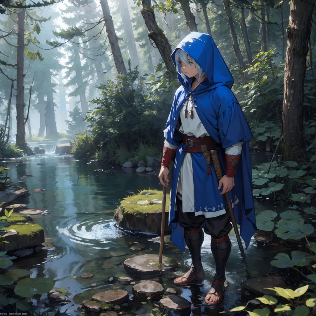 water dwarf in the forest with medieval adventurer outfit hood