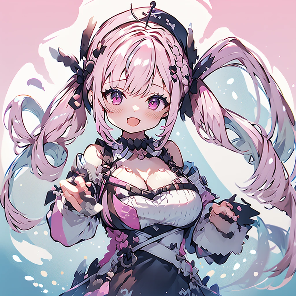 a female figure dressed as girl with giant breasts holding something in hand, 1girl, breasts, solo, pink hair, cleavage, large breasts, twintails, looking at viewer, long hair, bow, pink eyes, smile, strapless, black bow, detached collar, maid headdress, bowtie, open mouth, bangs