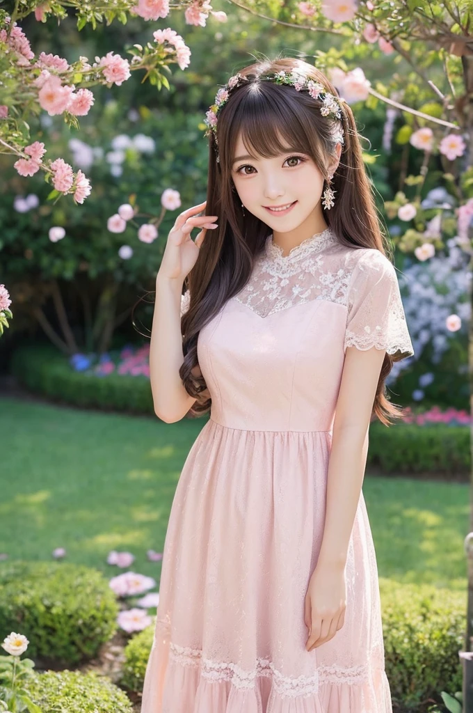 "A cute anime girl with big, sparkling eyes, long flowing hair, wearing a pastel-colored dress with lace details, standing in a flower garden, smiling brightly."