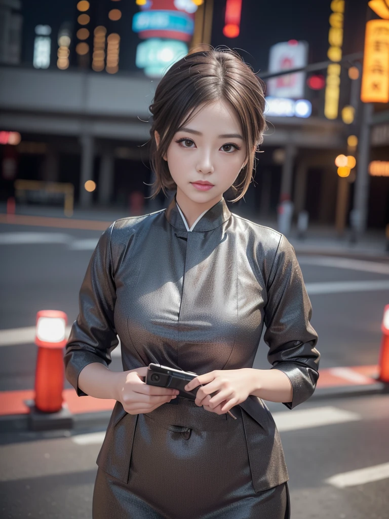 (8K, RAW Photos, Highest quality, masterpiece:1.2), (Realistic, photo-Realistic:1.37),One girl, night, Professional Lighting, Photon Mapping, Radio City, Korean Doll, Long traditional costume, Gray background
