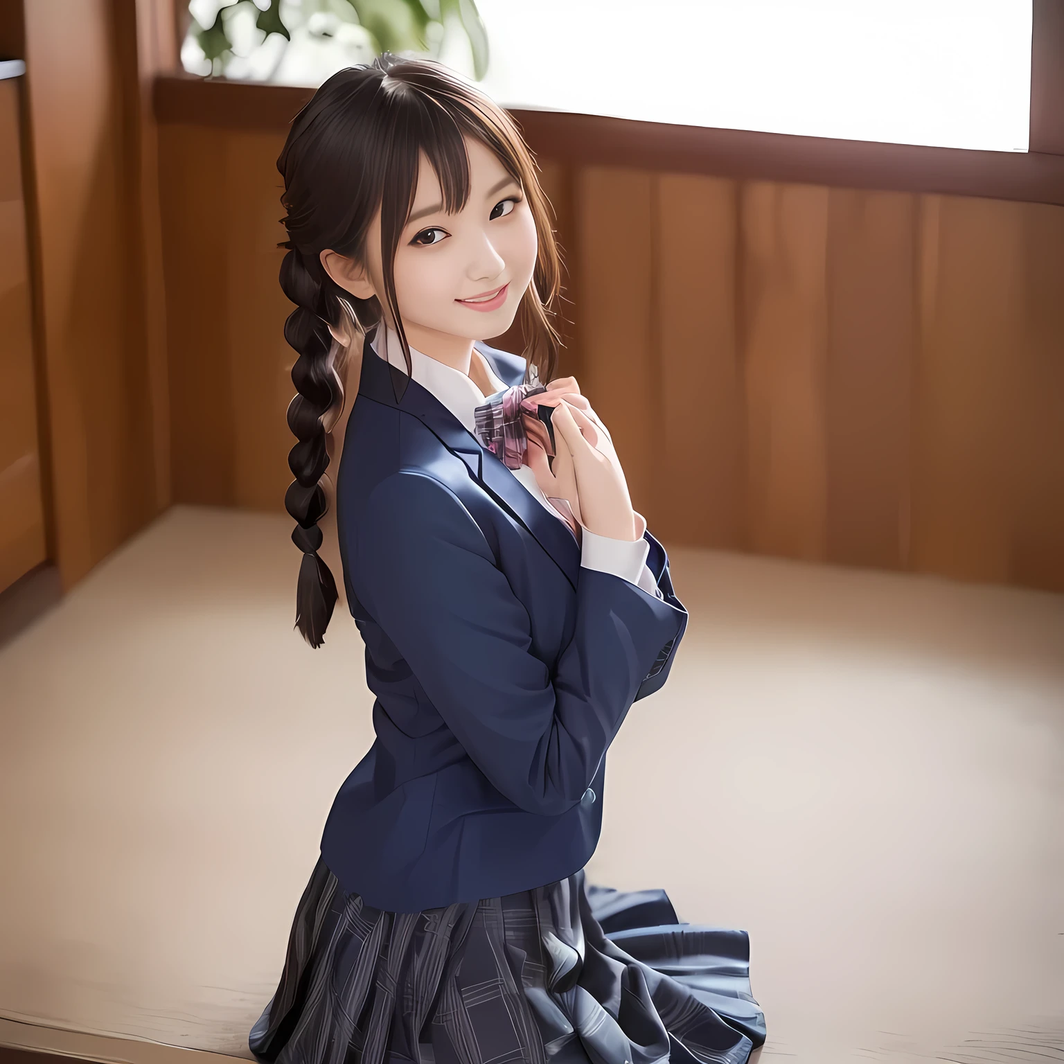 (highest quality, masterpiece:1.2), highest quality, High resolution, 1080P, 8K, Height: 158cm, ((Like a beautiful girl in my dreams、A very intelligent, very noble, pretty and neat Japanese beautiful girl fashion model.１If a person is、With the best smile、Looking at the audience、Hands over their mouths, Realistic fashion model photos)), A face that everyone loves, ((((A plump, white, round face)))),((Plump Cheeks)), Glossy lips, Even bangs, ((Very beautiful dark eyes)), The very large red shiny wide ribbon bowtie is very cute., ((Black Hair)), ((long twin braids)), (((A long, neat, dark navy blue checked pleated skirt))), (((Dark blue winter long sleeve blazer))), How to wear a neat uniform, Very lustrous, glossy lips, Open hand over open mouth, Ribbon in hair, slender, The ribbon is big and very pretty., Beautiful hair like a hair model, Long skirt, Watching the viewer and laughing, ((Incredibly beautiful face)), ((Pure and clear eyes))
