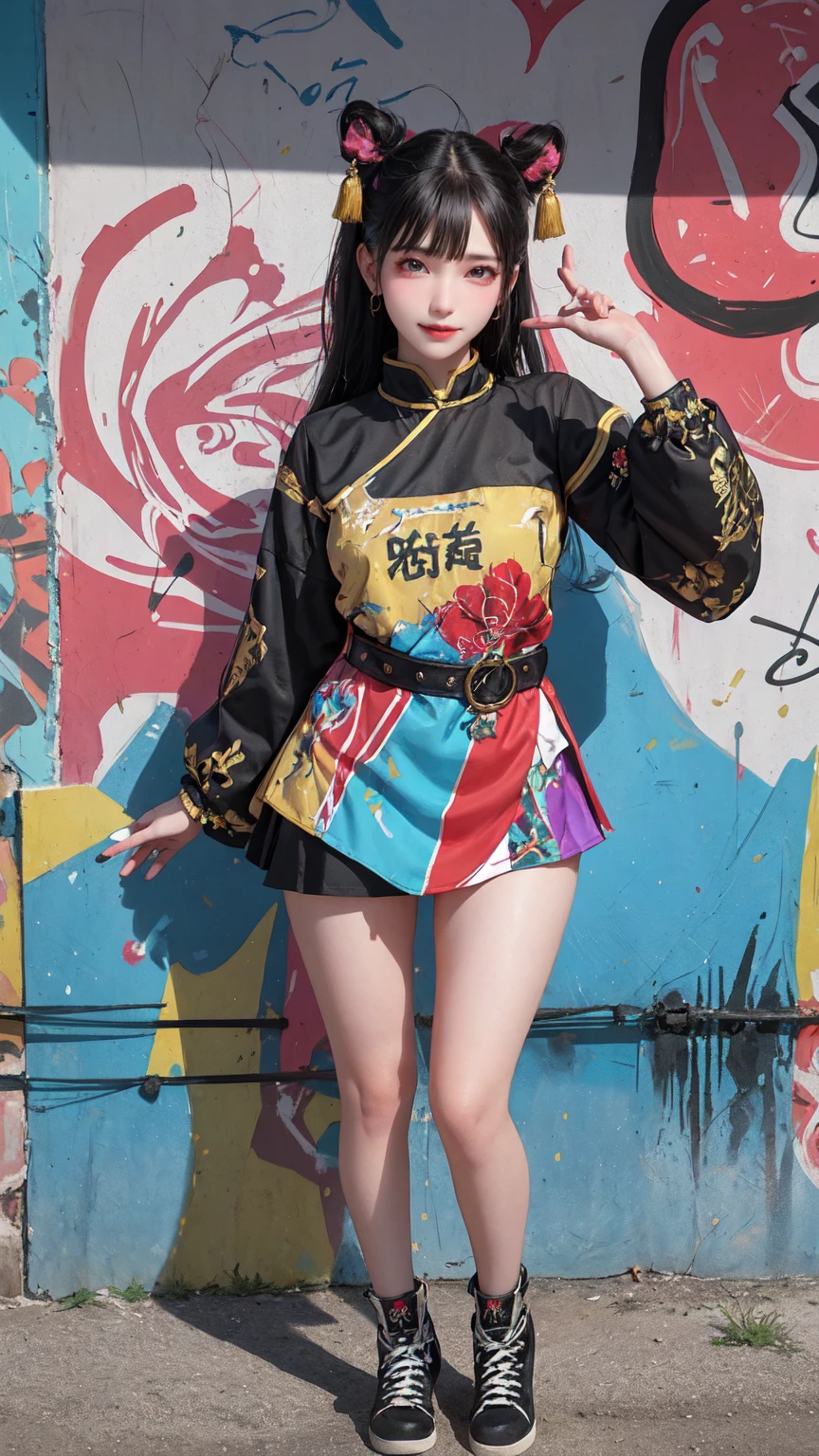 (Highest quality), masterpiece, 极其细致的CG8K插Painting, High collar, Extremely High collar saturation, All colors become darker, Painting, Graffiti art, center composition, Highly detailed lights and shadows, Graffiti wall, the walls are painted in bright colors, A girl's graffiti A girl is staring at the wall, The face and eyes are very detailed, Medium length hair, Sportswear, Multicolored clouds