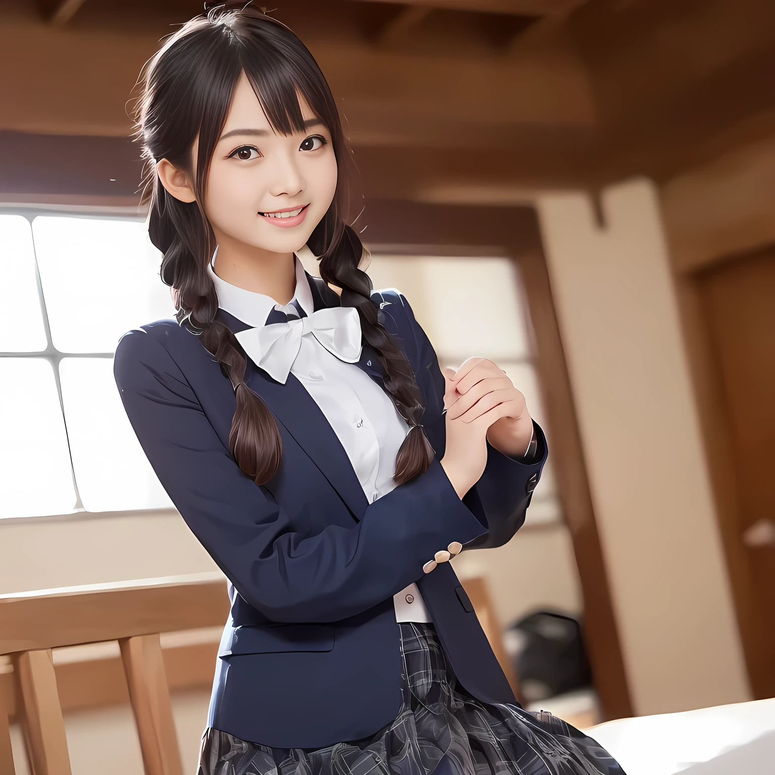 (highest quality, masterpiece:1.2), highest quality, High resolution, 1080P, 8K, Height: 158cm, ((Like a beautiful girl in my dreams、A very intelligent, very noble, pretty and neat Japanese beautiful girl fashion model.1If a person is、With the best smile、Looking at the audience、Hands over their mouths, Realistic fashion model photos)), A face that everyone loves, ((((A plump, white, round face)))),((Plump Cheeks)), Glossy lips, Even bangs, ((Very beautiful dark eyes)), The very large red shiny wide ribbon bowtie is very cute., ((Black Hair)), ((long twin braids)), (((A long, neat, dark navy blue checked pleated skirt))), (((Dark blue winter long sleeve blazer))), How to wear a neat uniform, Very lustrous, glossy lips, Open hand over open mouth, Ribbon in hair, slender, The ribbon is big and very pretty., Beautiful hair like a hair model, Long skirt, Watching the viewer and laughing, ((Incredibly beautiful face)), ((Pure and clear eyes))