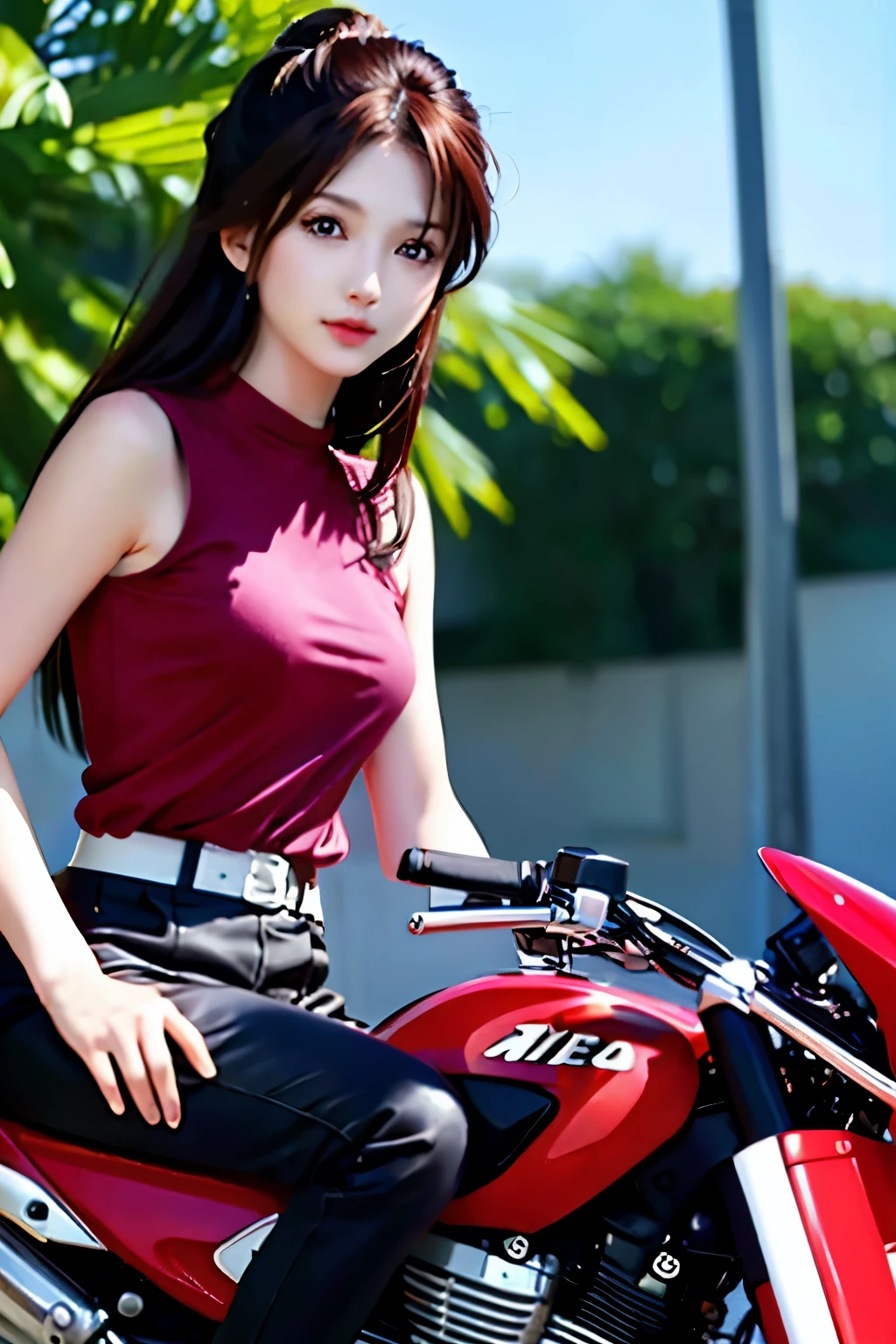 Japan  riding motorcycle,Happy!!!, , motorcycle,[ Realistic pictures ]!!, High resolution,Sleeveless、白いパンティが見えているarafed woman in red shirt sitting on a black motorcycle, Cyclists, motorcycle, Realistic artstyle, Super detailed. Digital Painting, Sitting on a cyberpunk bike, Digital illustration style, Airbrush Rendering, Realistic!!!!!!! Art Style, motorcycles, style Digital Painting, Airbrush Digital Oil Painting, in style of Digital Painting, Close-up shot, Realistic picture