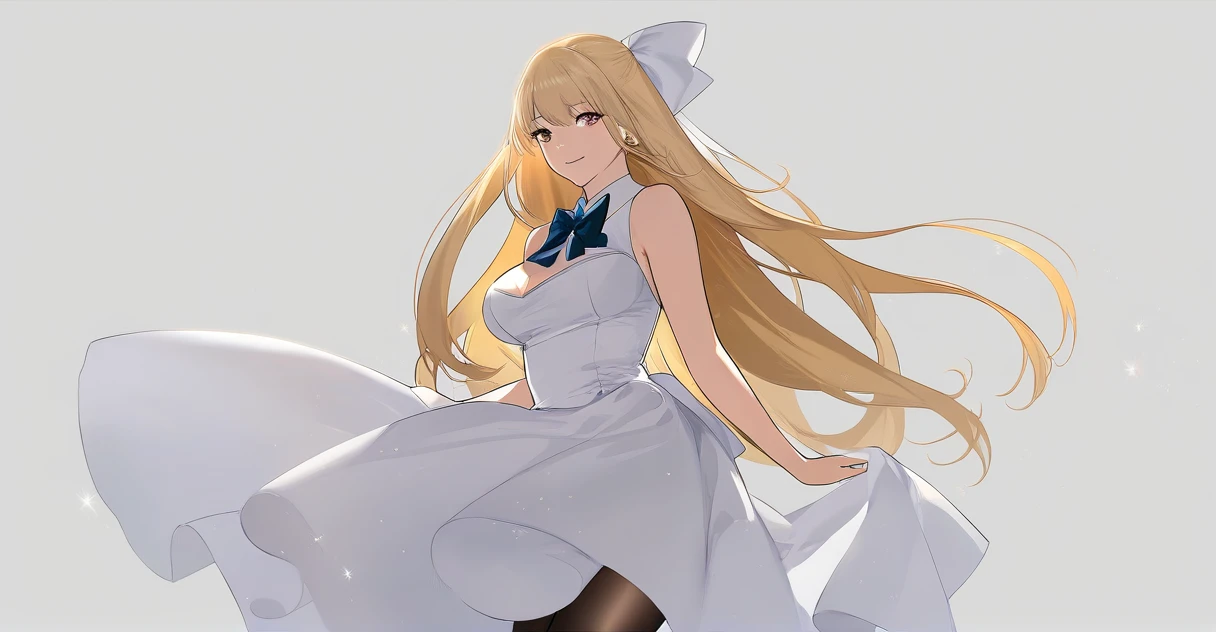 (1girl,20 years old,mature female),blonde hair,long hair,white dress, sleeveless, bow tie, bare shoulders,smile,cleavage,pantyhose,((white background)), aesthetic, detailed, beautiful color amazing quality, best quality, high quality