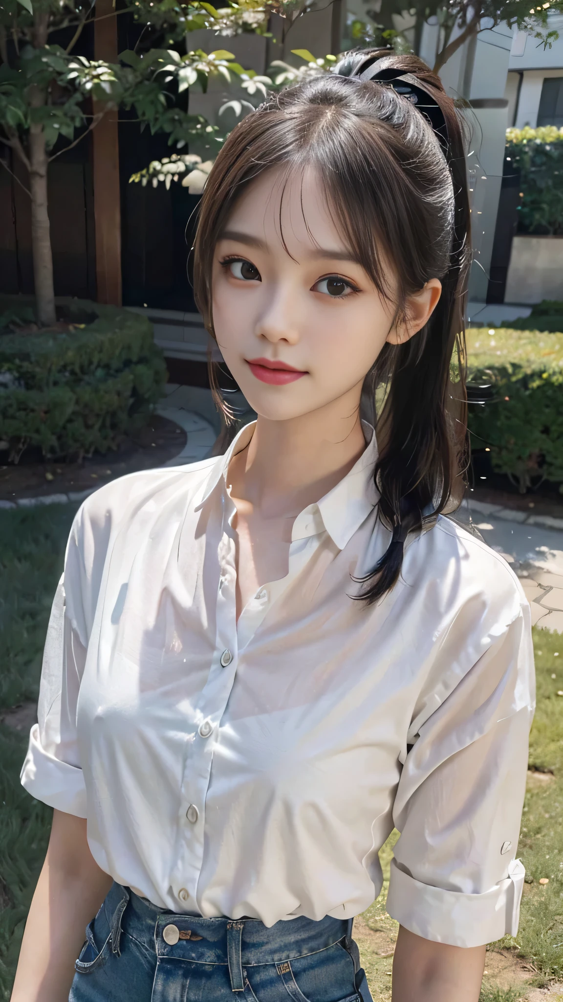 White collared shirt,jeans,Park,On the lawn,Close up face,One woman,masutepiece, The highest image quality, High quality, the background is clear,Beautiful woman, Japanese,Ultra-detailed, finely detail, hight resolution, 8K Wallpaper, Perfect dynamic composition, Beautiful detailed eyes , Detailed, Detailed eyes, Detailed skin, Beautiful skin, 超hight resolution, (reality: 1.4),Very beautiful woman, Slightly younger face, Beautiful skin, slender, (Ultra photo realsisim), (hight resolution), (8K), (Very detailed) (beautifully detailed eyes), (super detailed), (Detailed face), view the viewer, Fine details, Detailed face, Staring straight ahead, Staring straight ahead, photos realistic, Bright lighting, Professional Lighting, Black hair,poneyTail,a baby face,fourteen years old,Hairstyle: ponytail,Long ponytail hairstyle,slight smile,neat and tidy clothing,Beautiful Japanese KPOP idol photo, hair style is ponytail, my eyes are double and wide, baby face, smile and look straight ahead, slender, small breasts,Close up face,