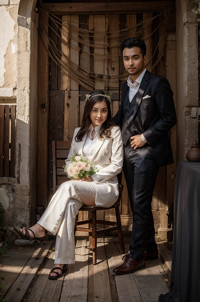 there is a man and woman posing for a picture in a garden , wedding photo, couples portrait