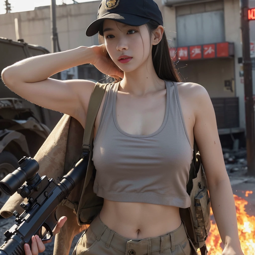 (8K, RAW Photos, Highest quality, masterpiece:1.2),(Realistic, Realisticな写真:1.4),(非常に詳細な CG Unity 8K 壁紙),(Round face: 1.5), (Detailed pupil:1.3),(Cool eyes:1.1),(A small smile:1.1),(Unforgettable Eyes:1.1),(Your eyes are so beautiful:1.1),
24-years-old, Japanese women, Dirty Face, Covered in scars、Bronze Skin, U in clothes.s. Marine Corps Uniform,Bulletproof vest、Backpack、Heavy machinery、 Fighting on the battlefield, Strong muscles, World war, Modern warfare theme,armyの少女, Assault rifle with accurate details, (Gripping the rifle: 1.3), (Aim そして hold the rifle.: 1.3), Gunfight, army, Baseball cap, car on fire, war zone,, explosion, Burning City, cigarette, Torn Tank Tower, belly button, Gloves, 破れたarmy用パンツ, Faces stained with mud and blood, Sweaty skin, bloody skin, Muddy skin, declaration of determination, Precise Representation, Highest quality, Ultra-high resolution, Realisticな, Spirit、Physically Based Rendering(Physically Based Rendering(Physically Based Rendering)), Cinema Lighting, Complex, Cinematic look,Cinematic soft light, Pleasant tone of voice, Battlefield Background, Background of urban warfare, Realistic, Cowboy Shot, Dynamic Angle,, Mahindrathar, electric wire, 8K!!, 偉大なmasterpiece,, make: Tom Karafik, (((Half naked with breasts visible))), (((Nipples peeking out from tank top)))