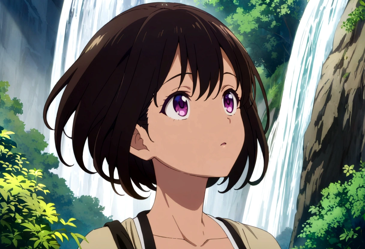 Dark-haired woman looking up at a waterfall outdoors,anime,masterpiece, Highest quality, High resolution,