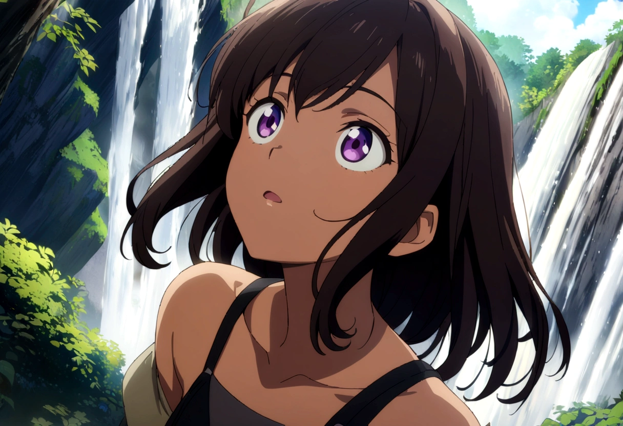 Dark-haired woman looking up at a waterfall outdoors,anime,masterpiece, Highest quality, High resolution,