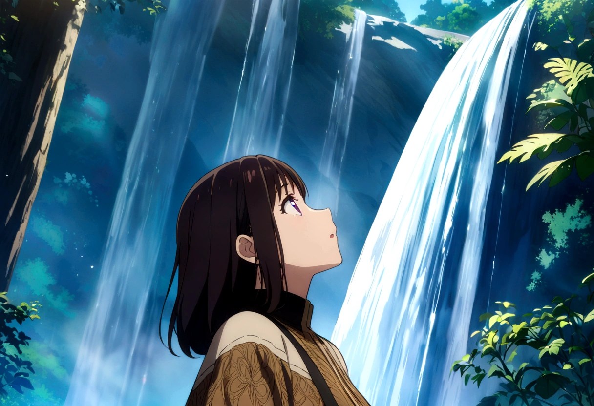 Dark-haired woman looking up at a waterfall outdoors,anime,masterpiece, Highest quality, High resolution,