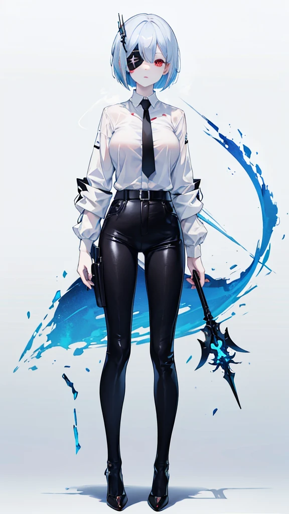 Sky blue short Bob, Red eyes, Black long-sleeved shirt, White pale skin, White eye patch, tall, long leg, Black trousers, Black high-heels, Gigantic Breast