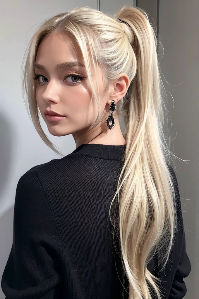 A woman with long blonde hair wearing a black dress and earrings, messy ponytail, ponytailのブロンドの髪, disheveled blonde hair, Blonde. ponytail, Beautiful blonde hair, Cool disheveled hair, messy Blonde, Half-up hairstyle, sleek Blonde, Messy hairstyle, Blonde medium hair, ponytail hair, long swept back Blonde, silver hair ponytail