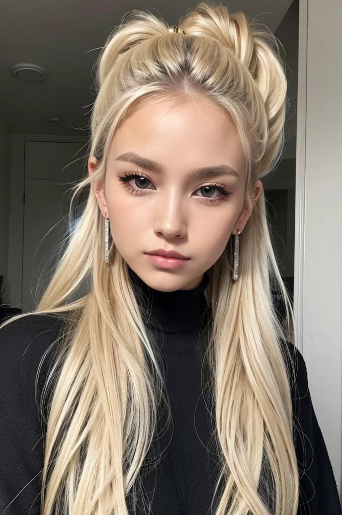 A woman with long blonde hair wearing a black dress and earrings, messy ponytail, ponytailのブロンドの髪, disheveled blonde hair, Blonde. ponytail, Beautiful blonde hair, Cool disheveled hair, messy Blonde, Half-up hairstyle, sleek Blonde, Messy hairstyle, Blonde medium hair, ponytail hair, long swept back Blonde, silver hair ponytail