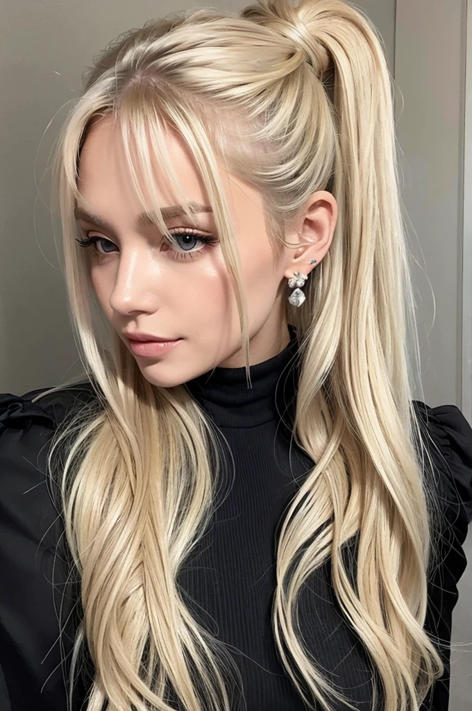 A woman with long blonde hair wearing a black dress and earrings, messy ponytail, ponytailのブロンドの髪, disheveled blonde hair, Blonde. ponytail, Beautiful blonde hair, Cool disheveled hair, messy Blonde, Half-up hairstyle, sleek Blonde, Messy hairstyle, Blonde medium hair, ponytail hair, long swept back Blonde, silver hair ponytail