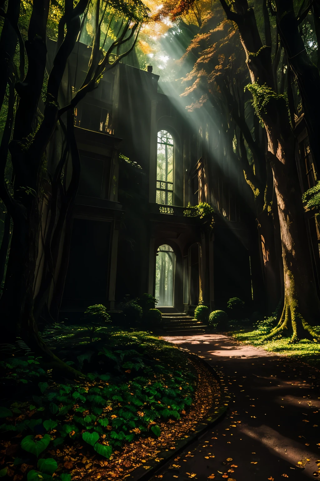 4K 16:9 Image: A captivating ensemble of contemporary-styled individuals, adorned with an air of uncertainty, congregate before an enigmatic mansion, shrouded in the heart of a mystical forest. The mansion, long forgotten, stands tall and imposing, with ivy crawling up its once-grand façade, hinting at the passage of time. The forest surrounding the mansion is dense and alive with the rustling of leaves, casting a sense of mystery and anticipation. The color palette is rich and vibrant, with the warm hues of the mansion's wood and the cool greens of the forest coming together to create a harmonious