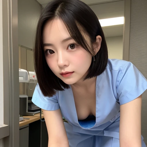 High resolution、超High resolution、photograph、Japanese Women、Looking into the distance、cute、Age 25、Random Hairstyles、Highly detailed skin、Rough skin、Detailed chest、Japanese、Leaning forward、Mid-chest、bra、downblouse、Blue Nurse Uniform、Hospital room