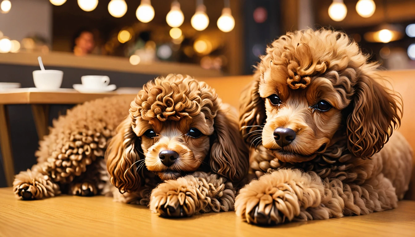 A brown toy poodle curled up asleep on a customer's lap at a table in a dog cafe. The customer is smiling while gently petting the sleeping poodle. Interior of a cozy dog cafe visible in the background. Warm lighting, soft focus, heartwarming scene.